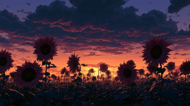 A dramatic sunflower wallpaper scene featuring a field of sunflowers silhouetted against a vibrant orange and purple sunset sky