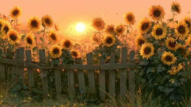 A beautiful sunflower wallpaper depicting a field of sunflowers at sunset with a rustic wooden fence