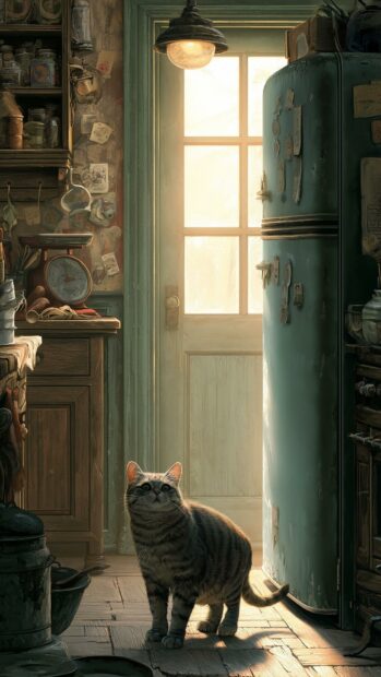 A cute tabby cat wallpaper standing in a rustic, sunlit kitchen with a vintage refrigerator and cluttered shelves