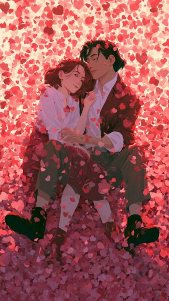 An enchanting Valentines Day wallpaper featuring an animated couple sitting together surrounded by a pile of red and pink hearts