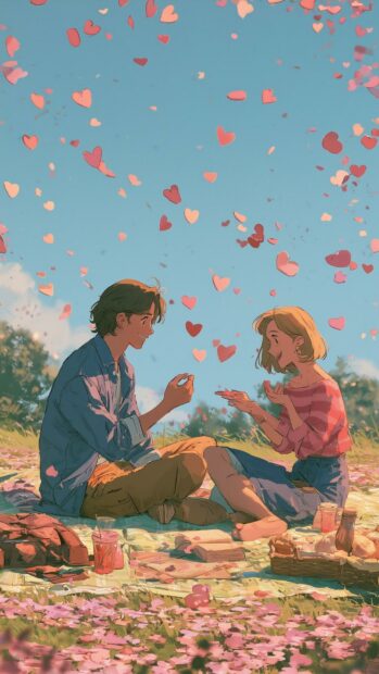 An aesthetic Valentines Day wallpaper showing an anime couple having a picnic with pink hearts falling around them under a blue sky