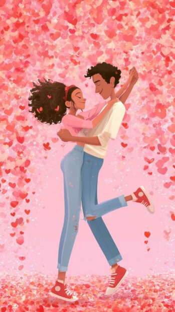 A beautiful Valentines Day wallpaper featuring a cartoon couple dancing amidst a shower of pink and red hearts