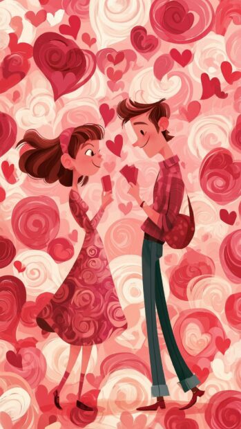 A vibrant Valentines Day wallpaper featuring a cartoon couple exchanging cards against a dense background of red hearts and swirls