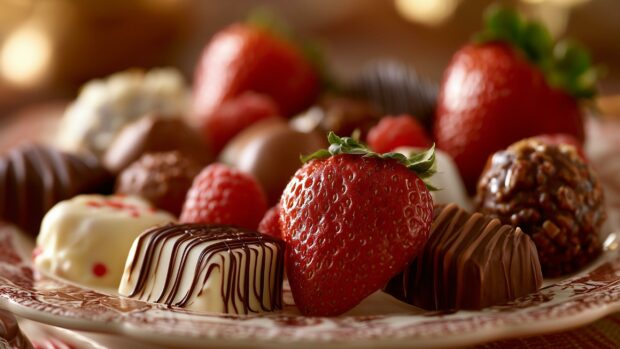 A delicious Valentines Day wallpaper featuring a plate of chocolate-covered strawberries and assorted truffles