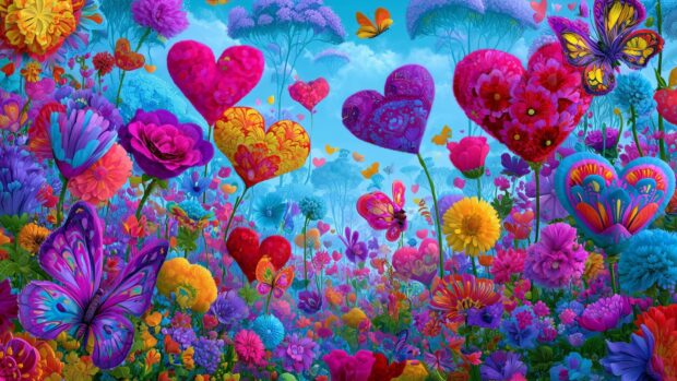 A vibrant Valentines Day wallpaper featuring a colorful field of heart-shaped flowers and butterflies under a blue sky