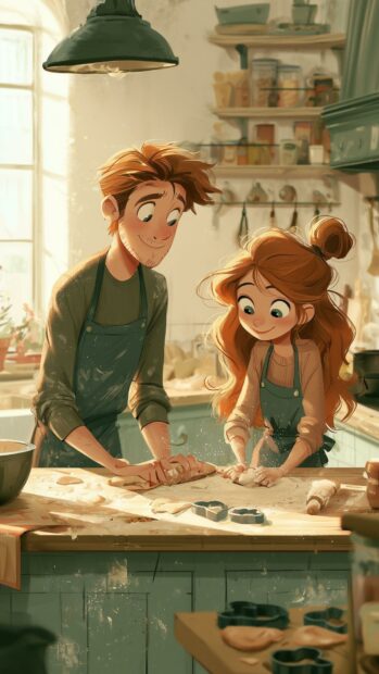 A heartwarming Valentines Day Wallpaper featuring a cartoon couple happily baking together in a cozy kitchen