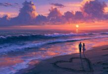 A beautiful Valentines Day wallpaper showing a couple walking on a beach at sunset with a heart drawn in the sand
