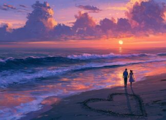 A beautiful Valentines Day wallpaper showing a couple walking on a beach at sunset with a heart drawn in the sand