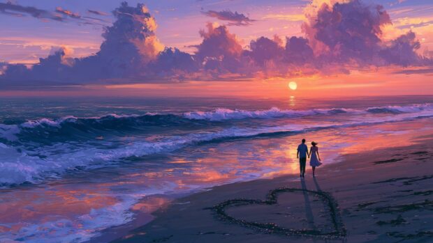 A beautiful Valentines Day wallpaper showing a couple walking on a beach at sunset with a heart drawn in the sand