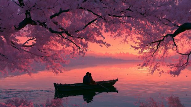 A romantic Valentines Day wallpaper showing a couple in a boat under pink cherry blossoms at sunset
