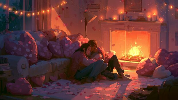 A cozy Valentines Day Wallpaper showing a couple cuddling by a warm fireplace surrounded by heart-shaped pillows and string lights