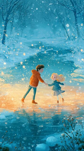 A magical Valentines Day wallpaper depicting a young couple ice skating hand-in-hand on a frozen pond in a snowy forest
