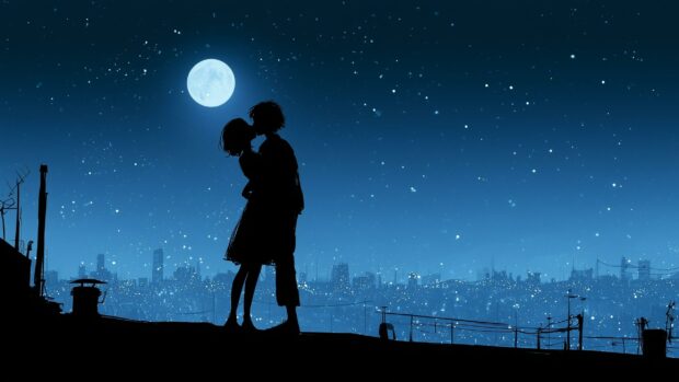 A romantic Valentines Day wallpaper featuring a silhouette of a couple kissing under a bright full moon over a city skyline