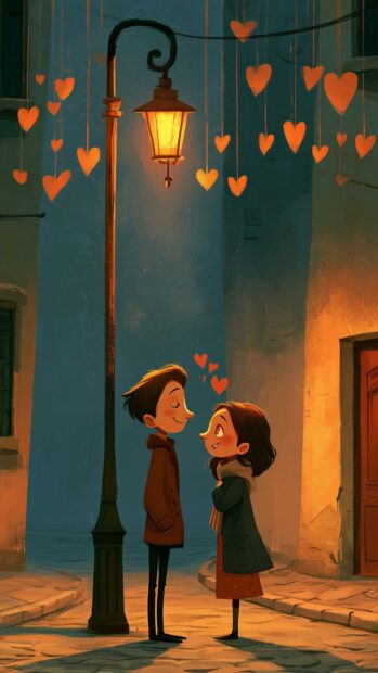 An adorable Valentines Day Wallpaper showing a cartoon couple beneath a lamppost with hanging heart decorations