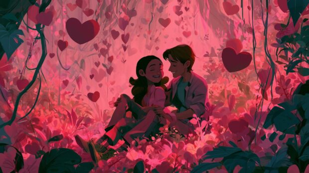Romantic Valentines Day wallpaper featuring an animated couple sitting in a pink forest filled with floating hearts