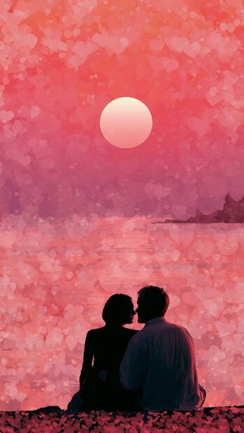 A romantic Valentines Day wallpaper featuring a couple in silhouette against a heart-filled pink sunset over the water