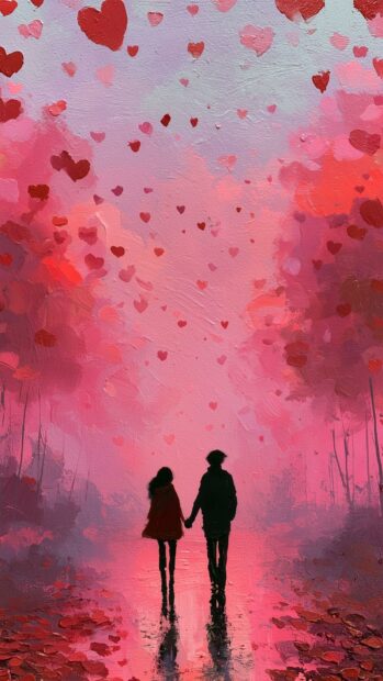 Artistic Valentines Day wallpaper depicting a silhouette couple holding hands amidst a pink landscape with falling hearts