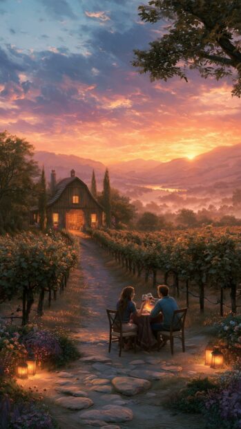A romantic Valentines Day wallpaper featuring a couple enjoying a sunset dinner in a beautiful vineyard with a cozy cottage