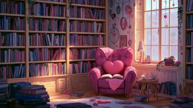 A cozy Valentines Day wallpaper showing a pink armchair with a heart pillow in a library with warm lighting