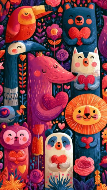 A vibrant Valentines Day wallpaper featuring a whimsical illustration of cute animals holding hearts amidst colorful flowers