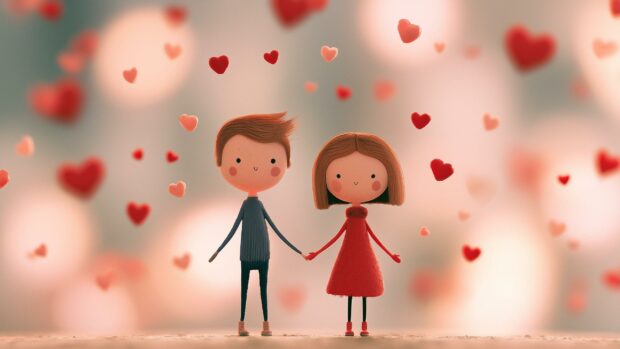 A charming Valentines Day wallpaper depicting a cute cartoon couple holding hands with floating hearts and a bokeh background