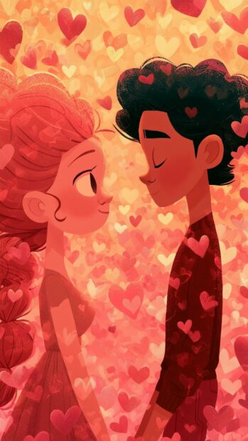 A charming Valentines Day wallpaper featuring a cute cartoon couple gazing at each other against a background full of glowing pink hearts