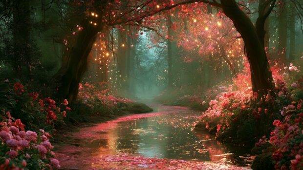 An enchanting Valentines Day wallpaper depicting a forest path with pink flowers, a stream, and glowing fairy lights