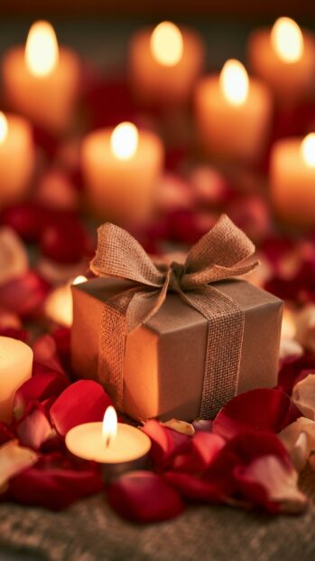 A captivating Valentines Day Wallpaper featuring a wrapped gift box surrounded by glowing candles and scattered red rose petals
