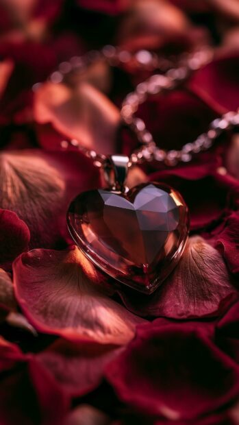 A romantic Valentines Day wallpaper showing a heart-shaped pendant on a bed of deep red rose petals