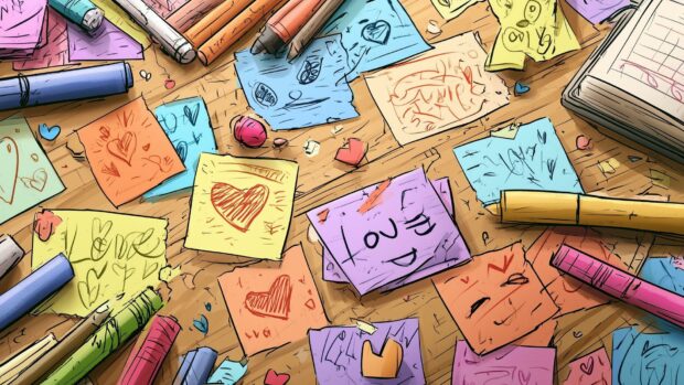 A colorful Valentines Day wallpaper featuring a desk full of sticky love notes, pens, and crayons