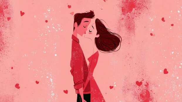 Minimalist Valentines Day wallpaper illustration showing a couple kissing on a light pink background with small red hearts