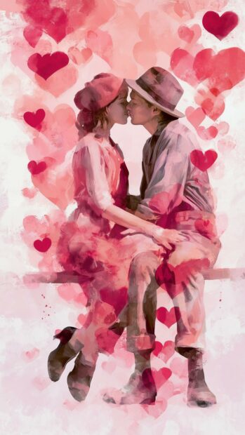 Beautiful Valentines Day wallpaper in painted style featuring a couple kissing surrounded by many pink and red hearts