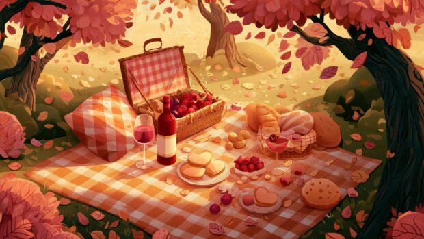 A charming Valentines Day Wallpaper depicting a romantic autumn picnic scene with heart-shaped cookies and a checkered blanket