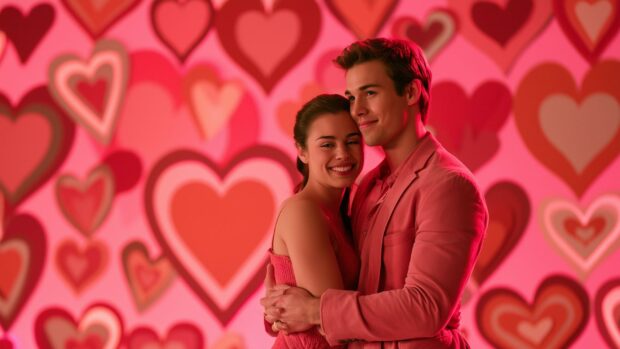 A romantic Valentines Day wallpaper showing a real couple embracing against a vibrant background of red and pink hearts