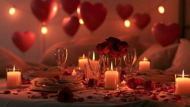 A romantic Valentines Day wallpaper featuring a dinner table set with candles, rose petals, and heart balloons in the background