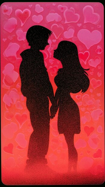 A romantic Valentines Day wallpaper featuring the silhouette of a couple holding hands against a glowing pink and red heart background