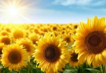A vibrant sunflower wallpaper showcasing a vast field of sunflowers under a bright blue sunny sky