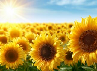 A vibrant sunflower wallpaper showcasing a vast field of sunflowers under a bright blue sunny sky