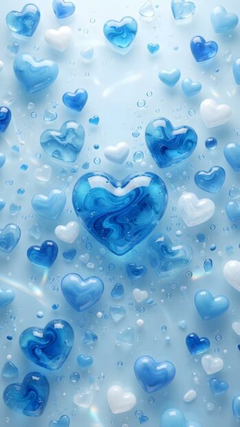A refreshing Wallpaper On Heart featuring an array of translucent blue and white crystal hearts scattered across a light blue background, adorned with water droplets