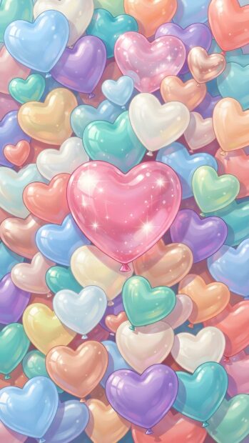 This Wallpaper On Heart features a vibrant collection of colorful heart-shaped balloons, with a large sparkling pink heart prominently displayed. The pastel hues and glossy textures create a joyful and appealing background for mobile devices