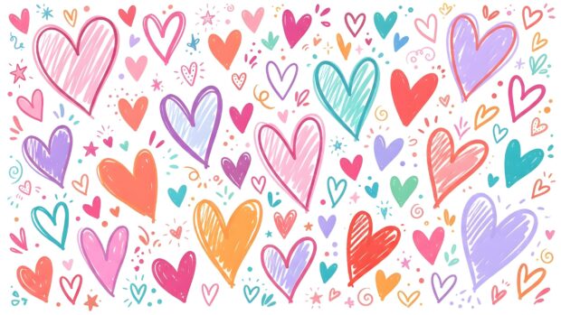 This Wallpaper On Heart displays a playful pattern of numerous hand-drawn colorful doodle hearts in various sizes on a clean white background. It's a cheerful and vibrant design