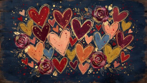 This Wallpaper On Heart features a vibrant collection of artistic hearts and roses with golden accents on a dark, rustic wooden texture. It provides a rich, decorative background