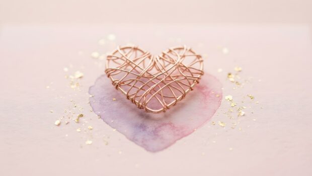 A delicate Wallpaper On Heart showing a single copper wire heart on a soft pink watercolor background with sparkling gold glitter. It's a minimalist and elegant design