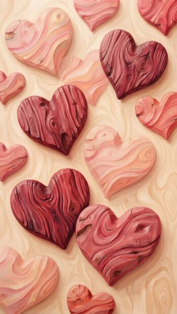 A beautiful Wallpaper On Heart showcasing various wooden hearts with intricate grain patterns in shades of red and pink, scattered across the frame