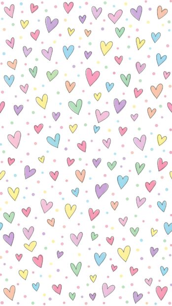 A cute Wallpaper On Heart featuring a playful pattern of hand-drawn pastel-colored hearts and small colorful dots scattered across a clean white background, perfect for a cheerful mobile screen