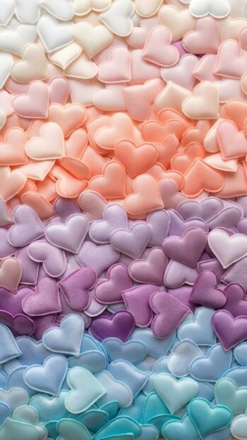 This Wallpaper On Heart showcases a vibrant pile of soft, fabric hearts arranged in a beautiful rainbow gradient from white and pink to orange, purple, and blue, creating a rich texture