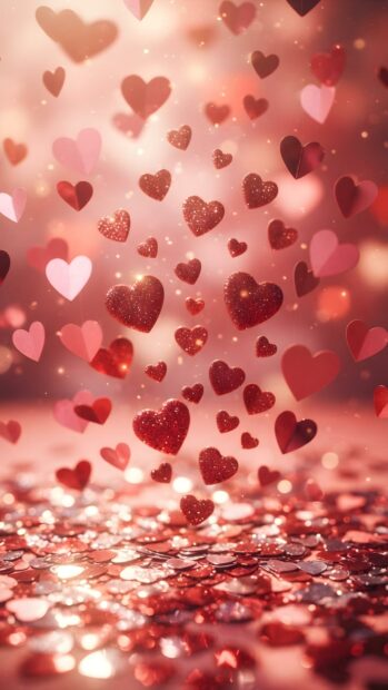 This stunning Wallpaper On Heart depicts numerous falling glittery red hearts and paper hearts against a warm, bokeh-lit background. It's an eye-catching choice for mobile and iPhone screens
