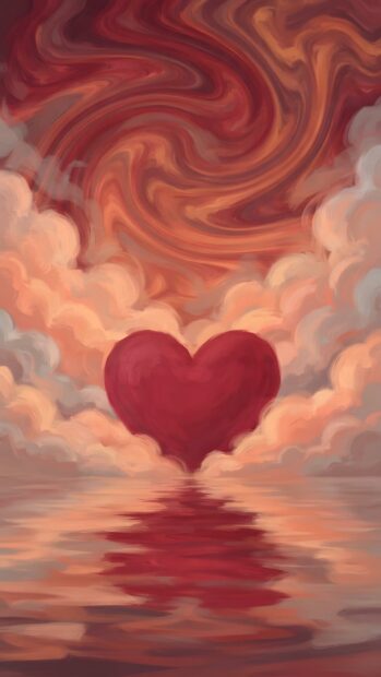 A captivating Wallpaper On Heart illustration depicting a large, vibrant red heart floating on reflective water, surrounded by dramatic orange and red clouds under a swirling sky