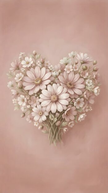 A delicate Wallpaper On Heart showcasing a heart-shaped bouquet of small white and light pink flowers centered on a soft pink background
