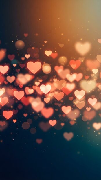 This captivating Wallpaper On Heart displays a beautiful bokeh effect with glowing heart shapes, transitioning from warm orange to dark blue